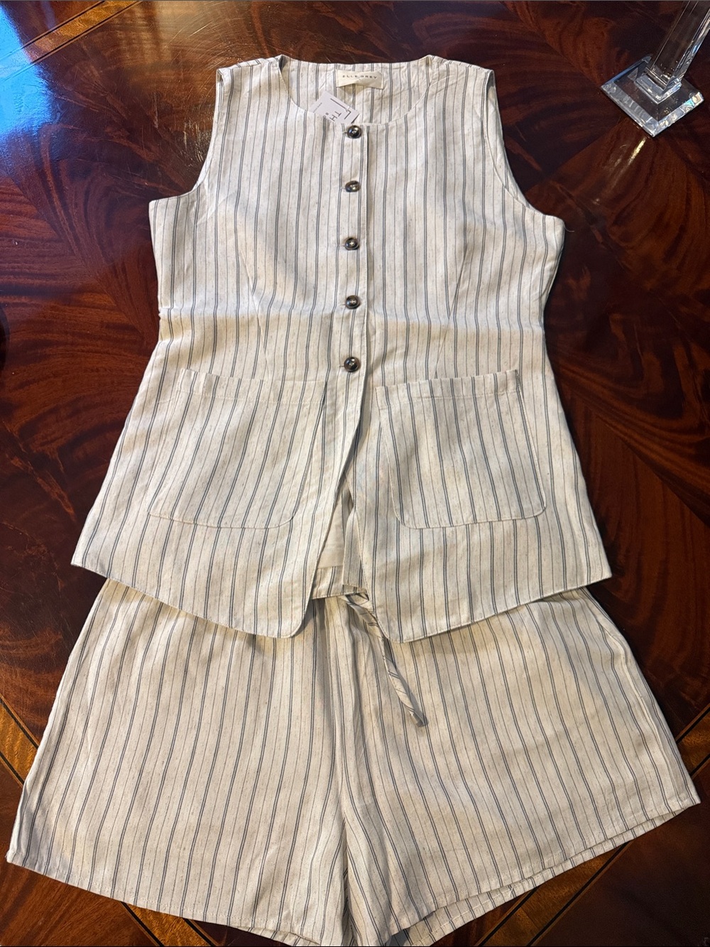 Sleeveless Striped Linen-Blend Top and Shorts Set in Light Beige & Blue